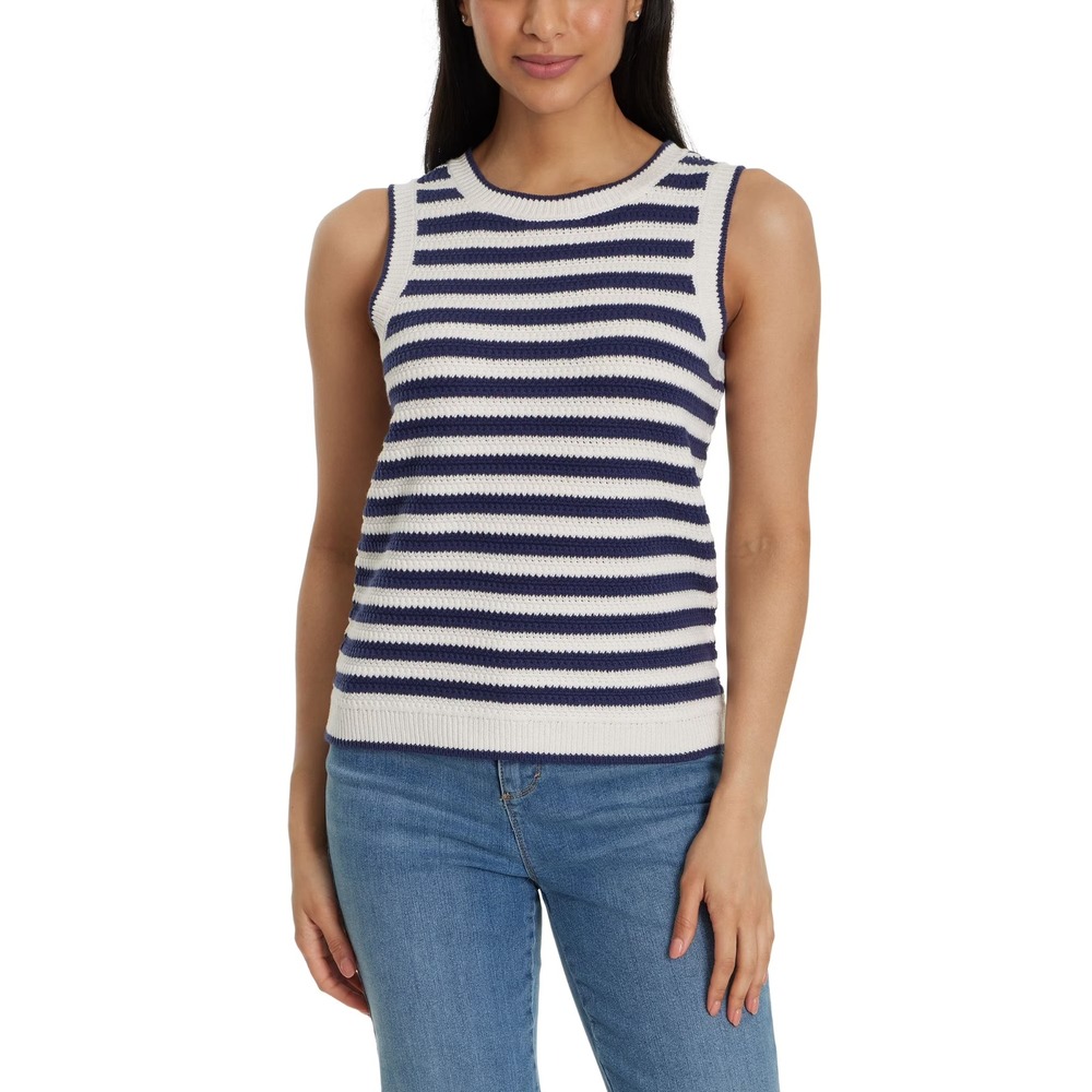 Nine West Women Crochet Tank Top Size XL Blue White Striped Sweater Tank NWT